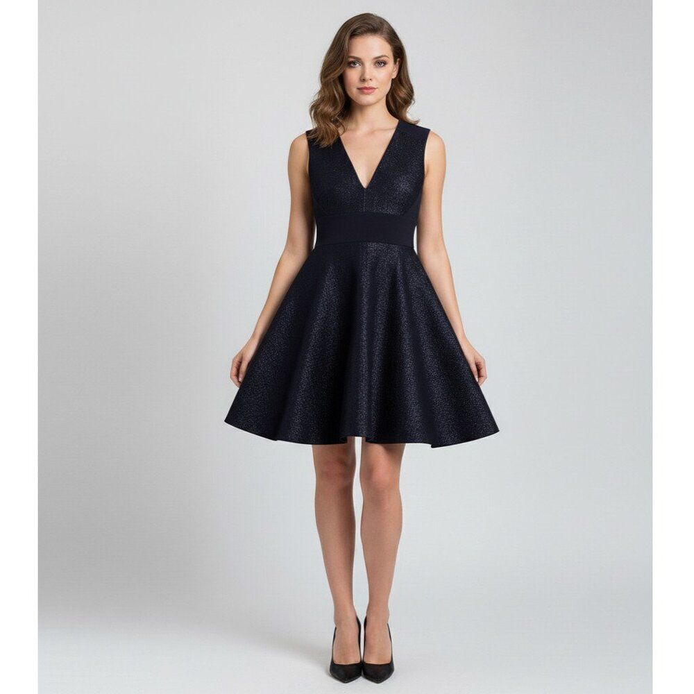 Prabal Gurung Navy/Black Shimmery Sleeveless Lurex A-Line Mini Dress - Size 10
